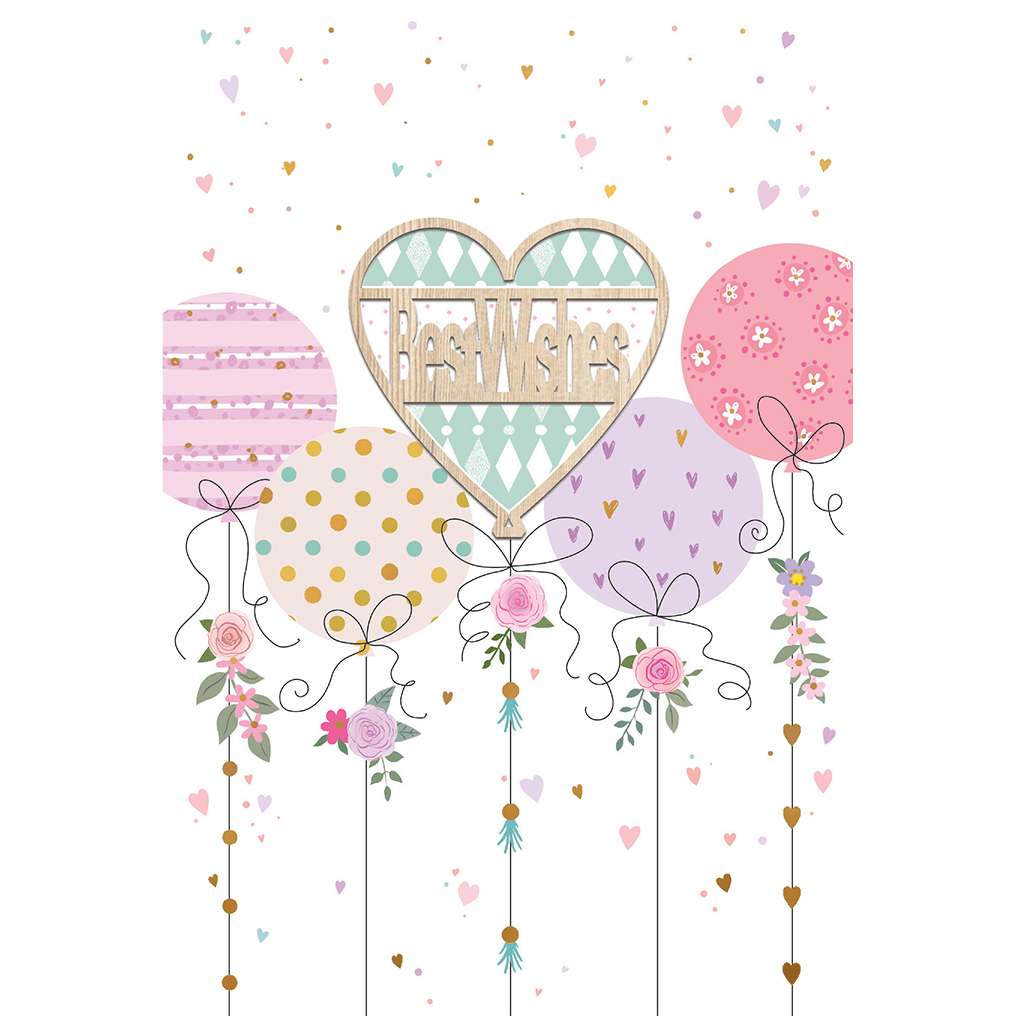Pictura Best Wishes Balloon Birthday Card with wood element design, featuring colorful balloons and festive birthday message.